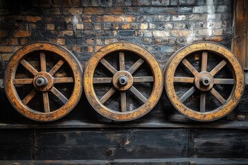 Obraz premium Three vintage wooden wagon wheels against a rustic brick wall evoke a sense of history and nostalgia.