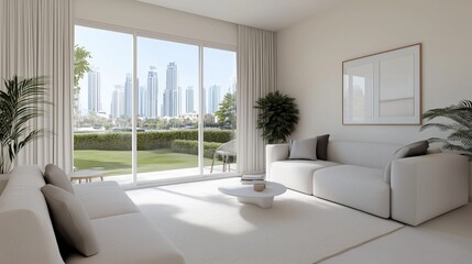 A modern living room with a cityscape view through large windows, showcasing a bright and airy interior design. The room features comfortable sofas, a coffee table, and greenery