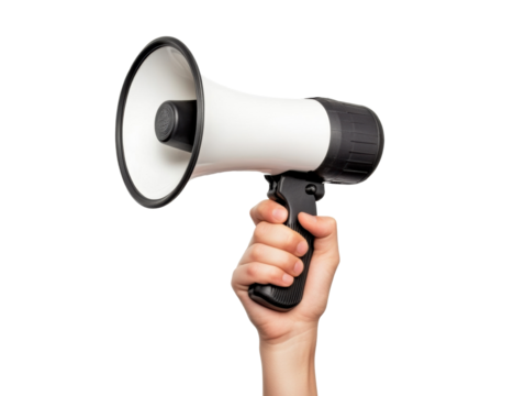 Handheld megaphone for communication and announcements in events on a transparent background, cut out