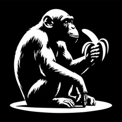 Fototapeta premium Black and white silhouette of a chimpanzee with a banana silhouette. Vector graphics. EPS.
