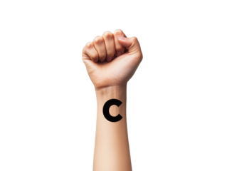 Empowering gesture with bold letter C on arm for social awareness on a transparent background, cut out