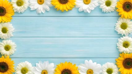 A vibrant summer greeting framed by cheerful sunflowers and daisies on a pale blue wooden background.