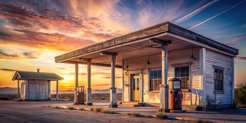 Fototapeta premium Retro gas station at sunset with old wooden pumps and faded sign, sunset