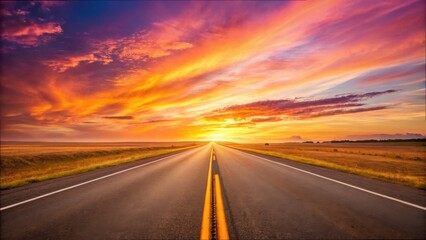 Naklejka premium Open Road Leading into a Vibrant Sunset Over Landscape Horizon