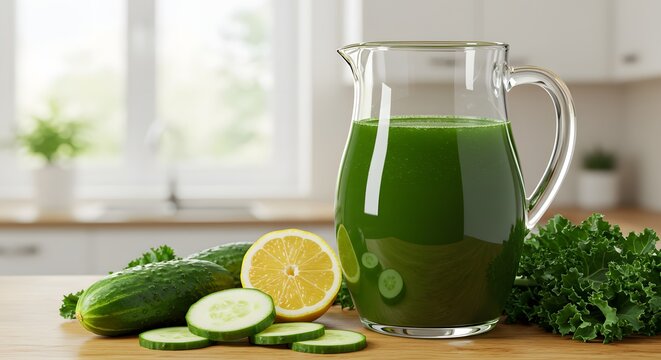 Uma jarra transparente cheia de suco detox verde feito de couve, pepino e lim&atilde;o