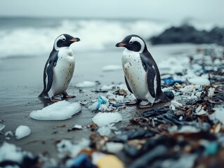 Obraz premium penguins resting on ice sheets stained with oil and garbage focus on fragility whimsical blend mode frozen scene