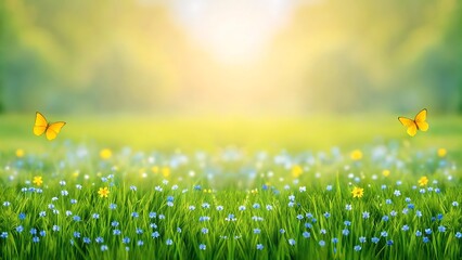 Fototapeta premium Spring's gentle awakening: Two butterflies dance above a vibrant meadow bursting with wildflowers under a soft, sunlit sky.