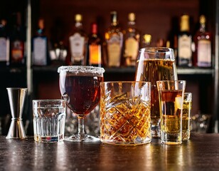 Assortment of hard strong alcoholic drinks and spirits in glasses on bar counter