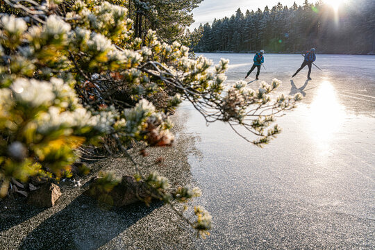 Male friends ice skating on frozen lake at sunny day