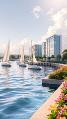 Fototapeta premium Serene Waterfront Scene with Sailboats and Urban Landscape