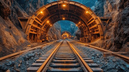 A railway tunnel leads through the mountain with supporting arches