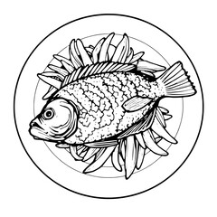 Line Art Illustration Of A Roasted Fish On A Plate
