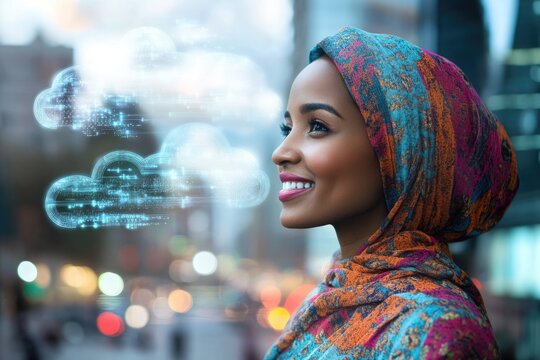 A woman in a hijab looks towards glowing digital cloud data visualizations symbolizing the future of technology and connectivity.