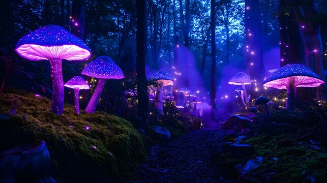A magical forest filled with bioluminescent trees and glowing mushrooms, soft mist floating above a mossy path, illuminated by sparkling fairy lights and moonbeams