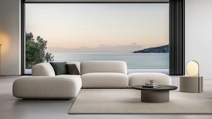Minimal contemporary living room, sage and beige tones, soft modular sofa, view on sea at twilight, muted indirect lighting, peaceful interior