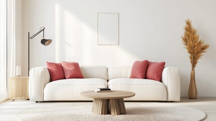 Minimalist evening living room, cream colored sofa, raspberry throw pillow, soft rug, cozy neutral lighting, Scandinavian decor