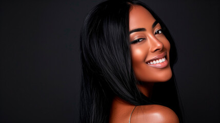 A young woman in profile with long dark hair shines against a neutral background. She is smiling, highlights hair and skin details, ideal for beauty, fashion or visual art concepts.