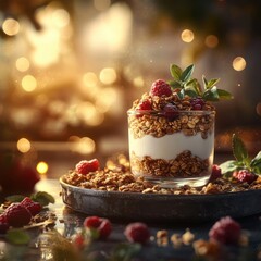 Delicious Layered Yogurt Parfait with Granola and Raspberries