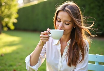 Beautiful young woman with long hair smiling and drinking tea or coffee in her garden. High quality photo