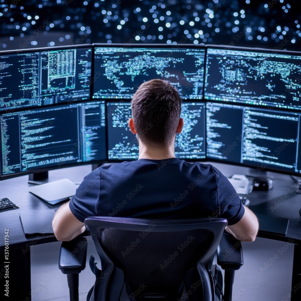 Poster a man sits before multiple monitors displaying lines of code, in a dark room with a bokeh background