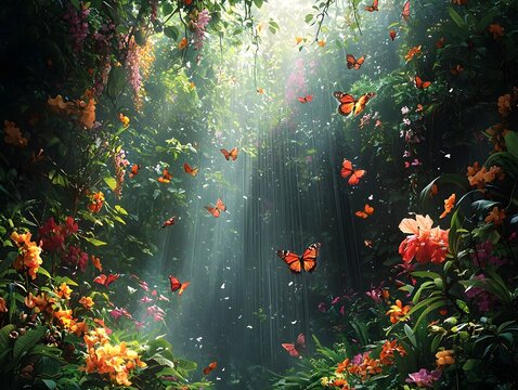 Fototapeta A lush tropical rainforest teeming with vibrant flowers and fluttering butterflies