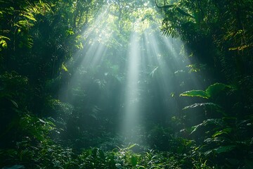 Sunlight beams pierce through the lush tropical rainforest canopy
