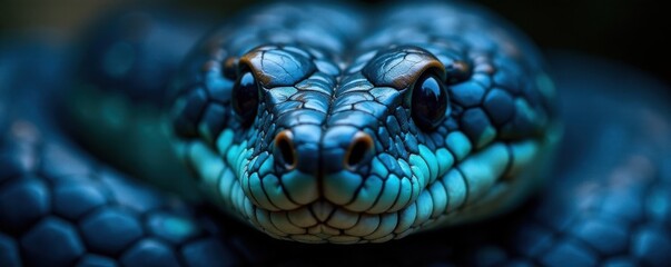 Blue venomous snake's face in close-up with sharp teeth , animal, blue