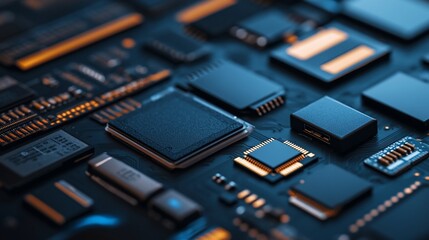 Macro View of Modern Electronic Components on a Circuit Board Platform