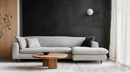Scandinavian modern living room, smooth gray sofa, dark accent wall, wood coffee table, wall light, linen curtains, cozy contrast
