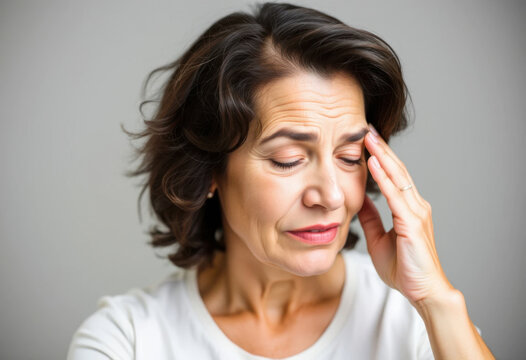 Mujer madura toc&aacute;ndose la sien como se&ntilde;al de dolor de cabeza