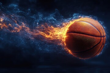 A basketball engulfed in flames, streaking through the air with a dynamic and intense energy against a dark background.