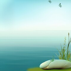 Serene coastal landscape featu a smooth grey stone resting on lush green grass by tranquil blue water with two butterflies gently flying in a clear sky.