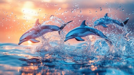 Fototapeta premium dolphins leaping through a stream of synthetic fragments focus on motion dynamic overlay sunset ocean waves