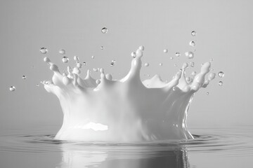 Close-up of a milk splash creating dynamic droplets against a gray background.