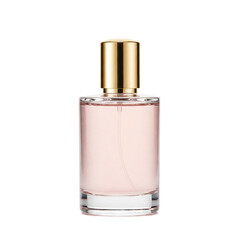 Pink perfume bottle, gold cap, isolated on a transparent background, png image, cylindrical shape, clear glass, elegant design, mockup for branding, free space for text