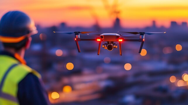 Drone hovering at construction site during sunset with engineer in foreground