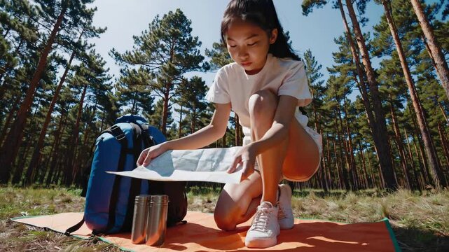 Young hiker setting up camp and reading map in forest