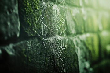 Obraz premium A dewy spiderweb glistens against a moss-covered stone wall, illuminated by soft green light in a natural, serene scene.