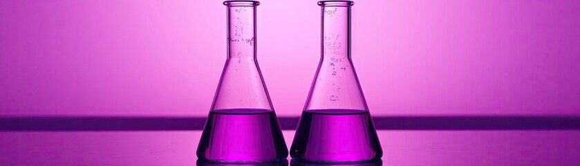 Purple liquid in Erlenmeyer flasks on purple surface. Science lab experiment