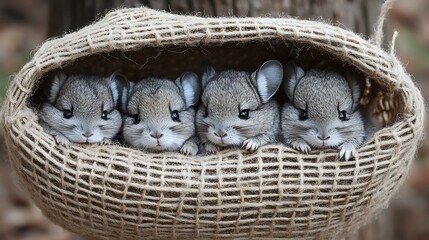 Baby Chinchillas Cuddled in Soft Wool Basket with Tiny Paws Visible in Cozy Setting