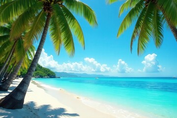 Tall palms sway gently, turquoise water laps shore, white sand, coconut palms