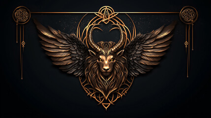 Obraz premium Winged ram with elaborate detailing and ornate design against dark background. Focus on mythical imagery creates fantasy atmosphere. Concept for art, design, mythology