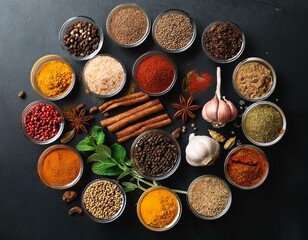 Big set of Indian spices and herbs . On the black chalkboard. 