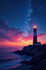 Fototapeta premium Twilight sky, stars, solitary lighthouse beam , starry night, rock, sea