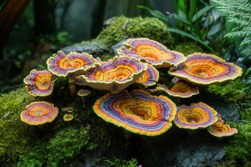 Vibrant mushrooms with colorful bands growing on mossy forest floor.