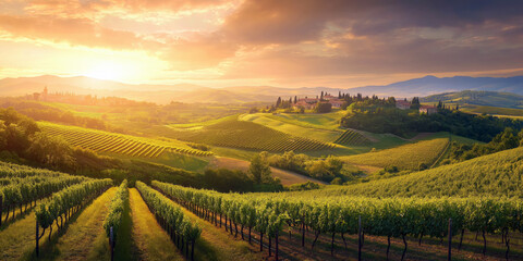Naklejka premium A panoramic view of a picturesque vineyard at golden hour, rolling hills covered in grapevines.