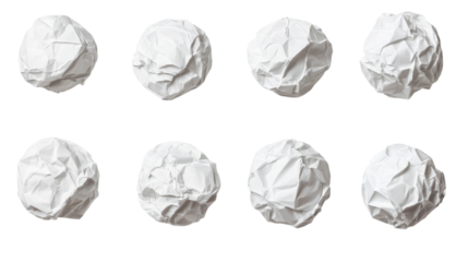 Set of crumpled paper balls, texture, white, black, cut out transparent