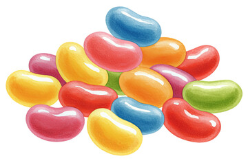 Pile of colorful jelly beans in bright shiny candy coating, watercolour clipart illustration isolated on a transparent background