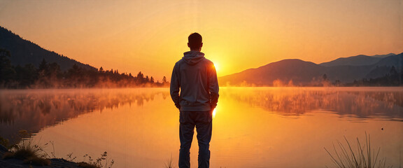 Serene Sunrise Man Silhouetted at Misty Lake Mountain View