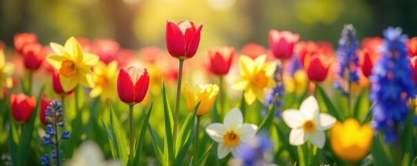 Vibrant tulips, daffodils, and hyacinths bloom in a sunlit meadow , wildflowers, meadow